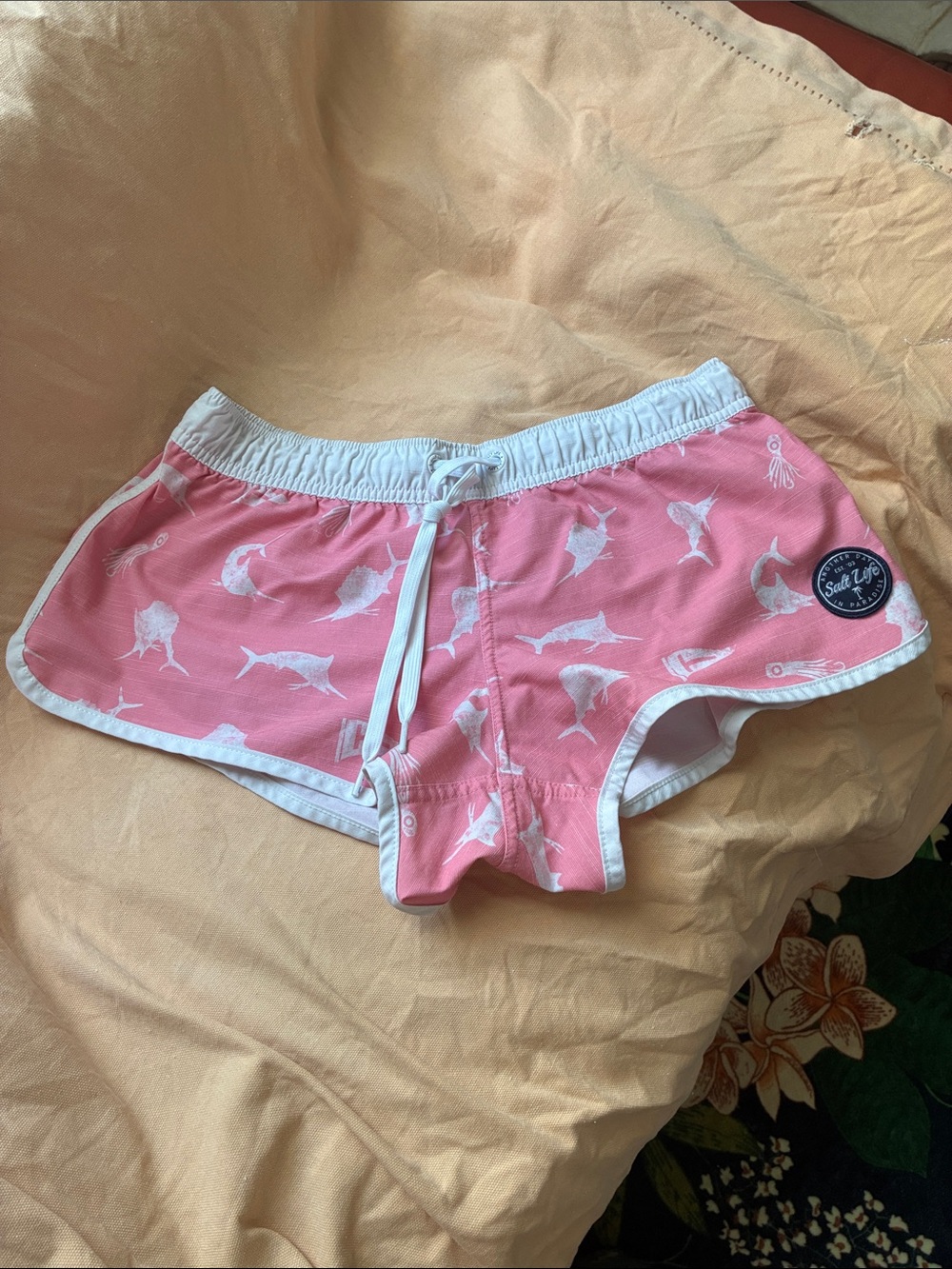Salt Life Pink and White Women's Swim/Board Shorts with Fish Print